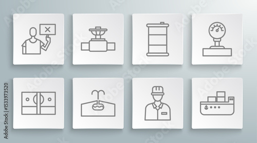 Set line Stacks paper money cash, Industry pipe and valve, Oilfield, Oilman, tanker ship, Barrel oil, Gauge scale and Nature saving protest icon. Vector