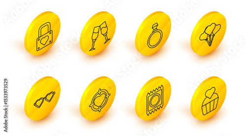 Set line Wedding cake with heart, Condom package, Heart the center of darts target aim, shaped love glasses, Balloons form, Diamond engagement ring, Glass champagne and Lock and icon. Vector