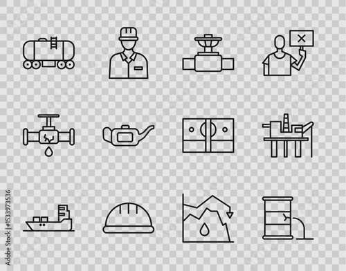 Set line Oil tanker ship, Barrel oil leak, Industry pipe and valve, Worker safety helmet, railway cistern, Canister for motor, Drop in crude price and platform the sea icon. Vector