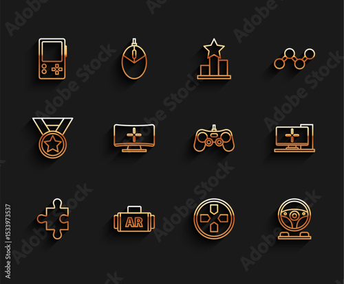 Set line Piece of puzzle, Ar, augmented reality, Portable video game console, Gamepad, Racing simulator cockpit, Computer monitor, and icon. Vector