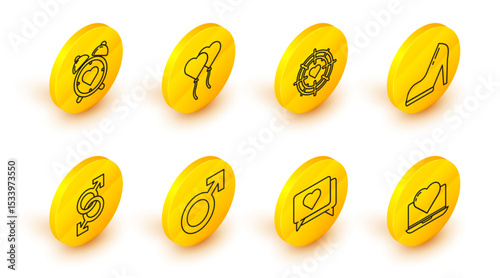 Set line Laptop with heart, Like and, Male gender symbol, Woman shoe high heel, Heart in the center of darts target aim, Balloons form and alarm clock icon. Vector