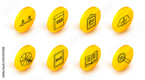 Set line Paper clip, Equation solution, Calculation, Graph, schedule, chart, diagram, Mathematics function sine, Test or exam sheet and pen and icon. Vector