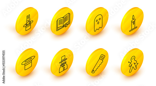 Set line Voodoo doll, Hand saw, Magician, hat, Burning candle in candlestick, Ghost, Ancient magic book and rabbit icon. Vector