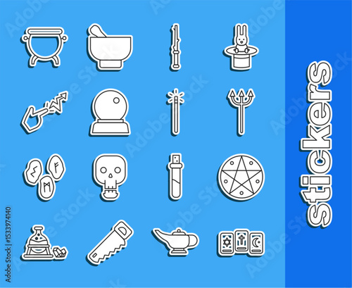Set line Three tarot cards, Pentagram in circle, Neptune Trident, Magic wand, ball, Spell, Witch cauldron and icon. Vector