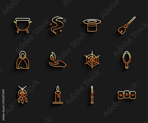 Set line Dream catcher with feathers, Burning candle in candlestick, Witch cauldron, Magic wand, Playing cards, Hand holding fire, hand mirror and Spider web icon. Vector
