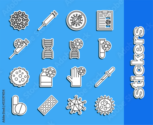 Set line Virus, Pipette, Test tube with virus, Stop, DNA symbol, Syringe and, and icon. Vector