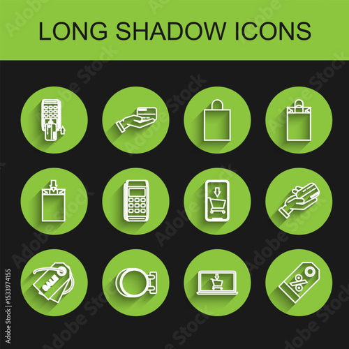Set line Price tag with an inscription Sale, Pos terminal inserted credit card, Shopping cart screen laptop, Discount percent, Human hand holding and Mobile phone shopping icon. Vector