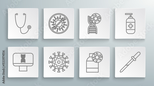 Set line DNA spiral and computer, Stop virus, Virus, Bottle with, Pipette, symbol, of liquid antibacterial soap and Stethoscope icon. Vector