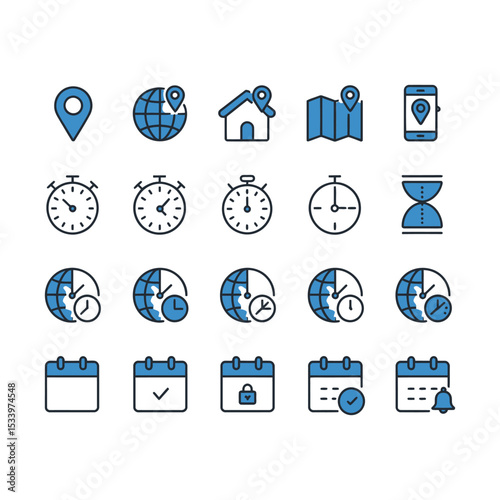 Collection of modern blue and black line icons representing time and location concepts