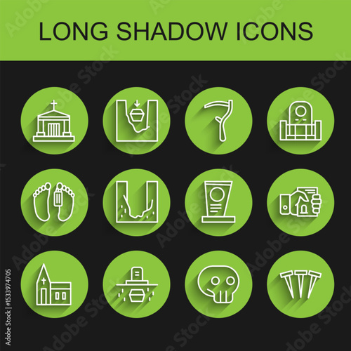 Set line Church building, Grave with coffin, Old crypt, Skull, Metallic nails, Cemetery digged grave hole, Death certificate hand and tombstone icon. Vector