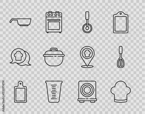 Set line Cutting board, Chef hat, Pizza knife, Measuring cup, Frying pan, Cooking pot, Electric stove and Kitchen whisk icon. Vector