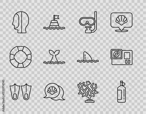 Set line Rubber flippers, Aqualung, Diving mask and snorkel, Scallop sea shell, hood, Whale tail ocean wave, Coral and Action camera icon. Vector