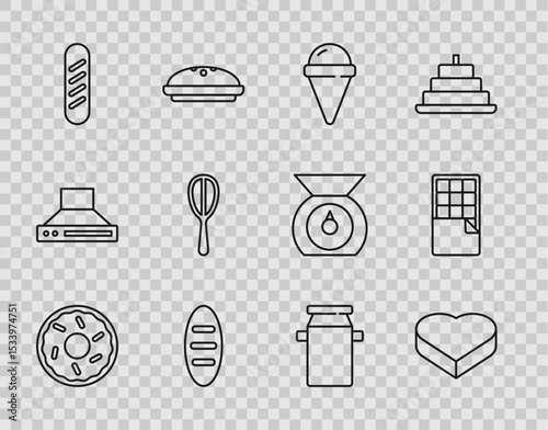 Set line Donut, Candy in heart shaped box, Ice cream waffle cone, Bread loaf, French baguette bread, Kitchen whisk, container for milk and Chocolate bar icon. Vector