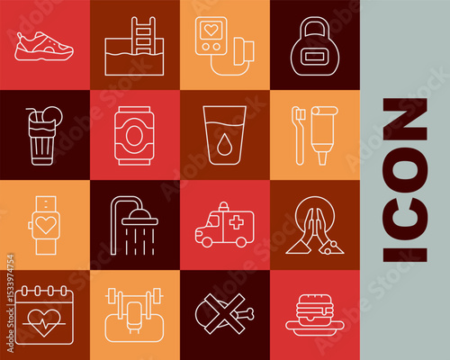 Set line Junk food, Meditation, Toothbrush and toothpaste, Blood pressure, Soda can, Fresh smoothie, Sport sneakers and Glass with water icon. Vector