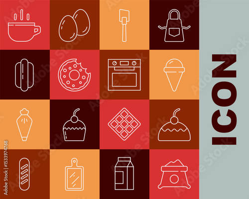 Set line Bag of flour, Cake, Ice cream in waffle cone, Spatula, Donut, Hotdog sandwich, Coffee cup and Oven icon. Vector