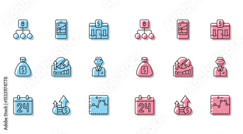 Set line Calendar, Financial growth and coin, Blockchain technology Bitcoin, Browser with graph, Stocks market graphs, Trader, Money bag and Mobile stock trading icon. Vector