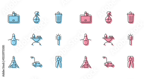 Set line Handle broom, Lawn mower, Washbasin, Clothes pin, Iron ironing board, Toilet brush, Kitchen apron and Water spray bottle icon. Vector