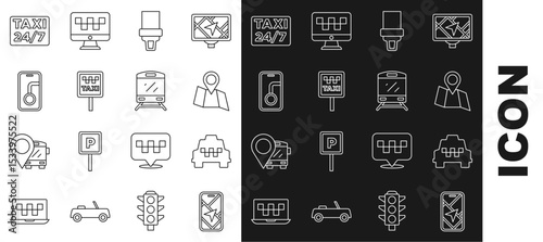 Set line City map navigation, Taxi car, Folded with location, Safety belt, Road sign for taxi stand, Location and Train icon. Vector