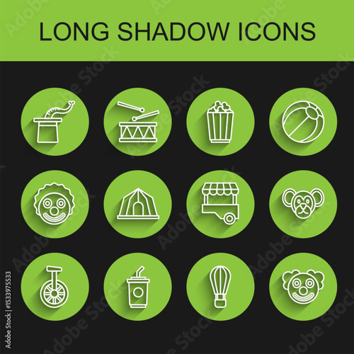 Set line Unicycle or one wheel bicycle, Paper glass with water, Magician hat, Hot air balloon, Clown head, Circus tent, Monkey and Fast street food cart icon. Vector