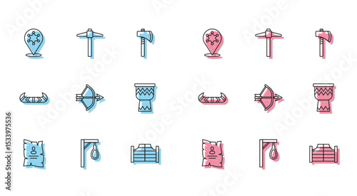 Set line Wanted western poster, Gallows, Hexagram sheriff, Saloon door, Bow and arrow in quiver, Drum, Kayak canoe paddle and Pickaxe icon. Vector