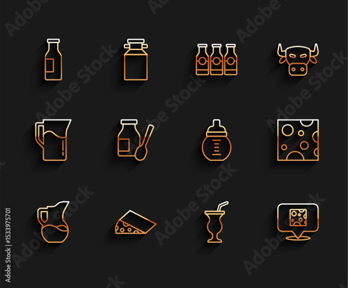 Set line Milk jug or pitcher, Cheese, Bottle with milk, Milkshake, Drinking yogurt in bottle, and Baby icon. Vector