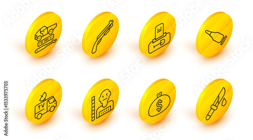 Set line Bloody knife, Money bag, Suspect criminal, TV News car, Bullet, Grave with tombstone, Police shotgun and Car theft icon. Vector