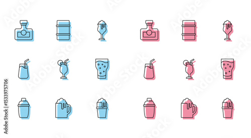 Set line Cocktail shaker, Wooden beer mug, Alcohol drink Rum, Glass of, and Metal keg icon. Vector