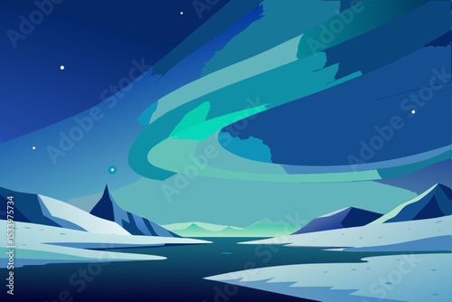 Vector illustration of aurora borealis over snowy mountains