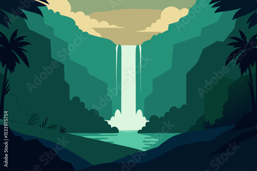 Vector tropical landscape with waterfall and palm trees