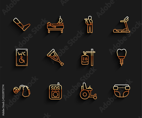 Set line Hearing aid, Press the SOS button, Prosthesis leg, Electric wheelchair, Adult diaper, Crutch or crutches, Dental implant and IV bag icon. Vector