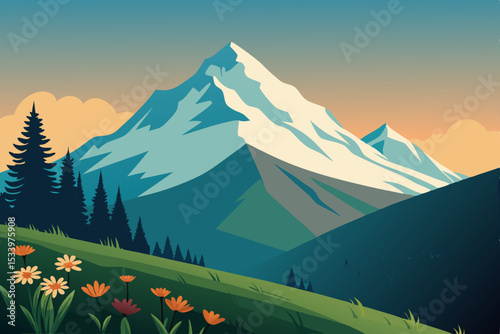 Vector mountain landscape illustration with flowers and trees