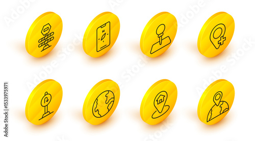 Set line Location on the globe, with house, Earth, Turn back road sign, Push pin, Compass mobile and Road barrier icon. Vector
