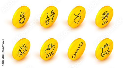 Set line Jewelry online shopping, Piercing, Necklace mannequin, Diamond, store, with heart shaped pendant, Earrings and engagement icon. Vector