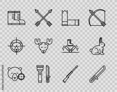 Set line Hunt on bear with crosshairs, Hunter knife, Cartridges, Flashlight and, boots, Moose head horns, Hunting gun and Rabbit icon. Vector