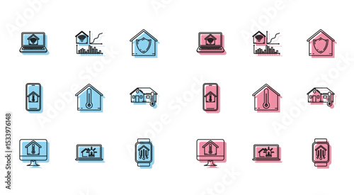 Set line Computer monitor with house temperature, Laptop smart and alarm, home wi-fi, Smart watch, House, Mobile phone and icon. Vector