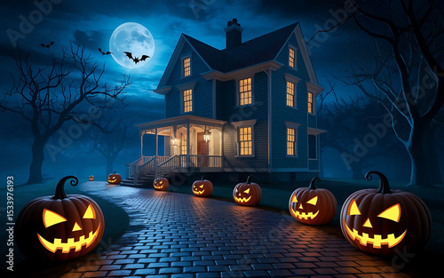 Haunted Halloween House with Glowing Pumpkins and Full Moon Night