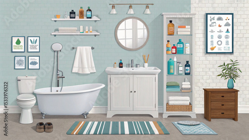 Bright & Spacious Bathroom Interior with White Furniture and Aqua Accents