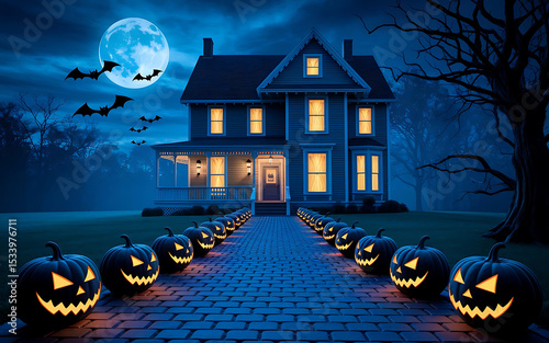 Haunted Halloween House with Glowing Pumpkins and Full Moon Night
