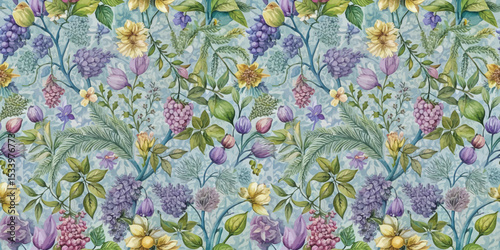 Vibrant floral pattern featuring a variety of colorful blossoms and greenery.