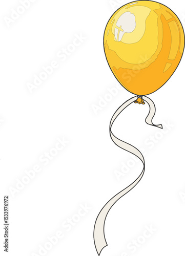 Isolated yellow balloon with white ribbon floating in air for celebrations and festive occasions