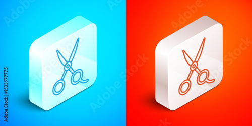 Isometric line Scissors hairdresser icon isolated on blue and red background. Hairdresser, fashion salon and barber sign. Barbershop symbol. Silver square button. Vector