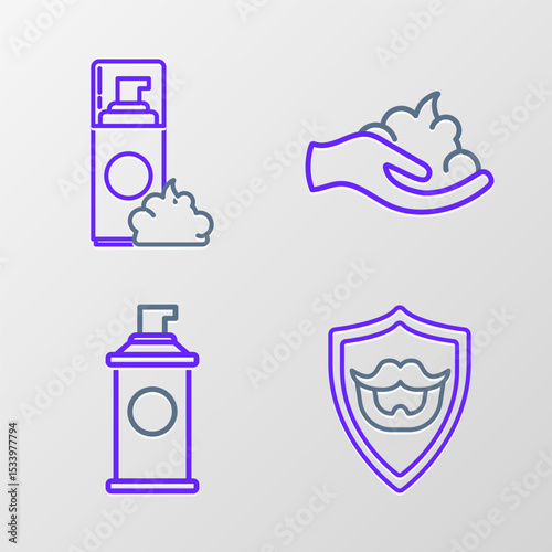 Set line Mustache and beard on shield, Shaving gel foam, hand and icon. Vector
