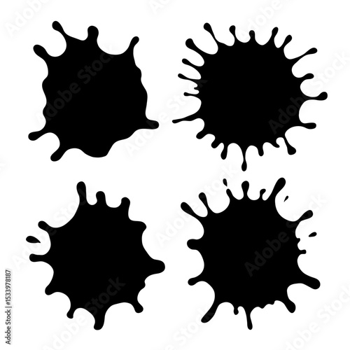 Vector set of black paint splashes isolated from background. Ink splatters and blobs silhouette clip art collection. Design element for stickers and cards