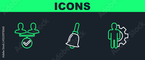 Set line Human with gear inside, Project team base and Ringing bell icon. Vector