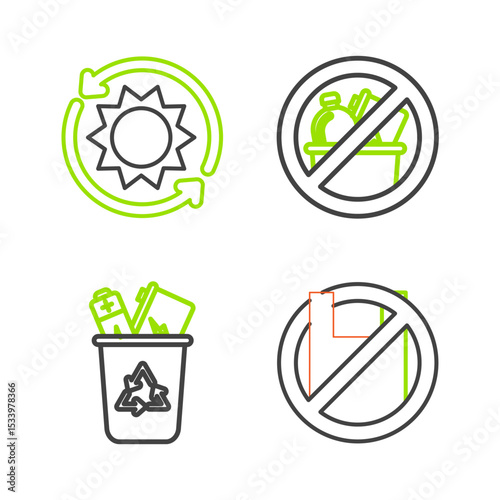 Set line Say no to plastic bags poster, Recycle bin with recycle symbol, No trash and Solar energy panel icon. Vector