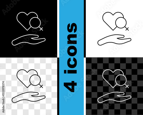 Set line Heart with female gender symbol icon isolated on black and white, transparent background. Venus symbol. The symbol for a female organism or woman. Vector