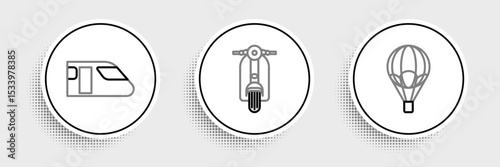 Set line Hot air balloon, Train and Scooter icon. Vector