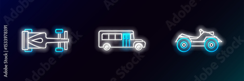 Set line All Terrain Vehicle or ATV motorcycle, Formula race car and School Bus icon. Glowing neon. Vector