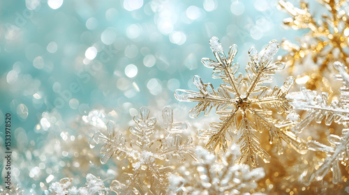 Glistening snowflakes dance, light teal and gold unite, creating an ethereal winter canvas