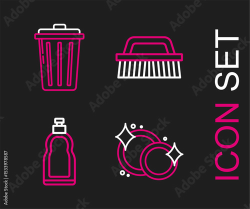 Set line Washing dishes, Plastic bottles for liquid dishwashing liquid, Brush cleaning and Trash can icon. Vector